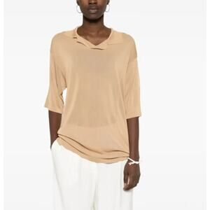 The Row Kenna Relaxed Short Sleeve Long Collared Polo Top Italy Made Brown Small